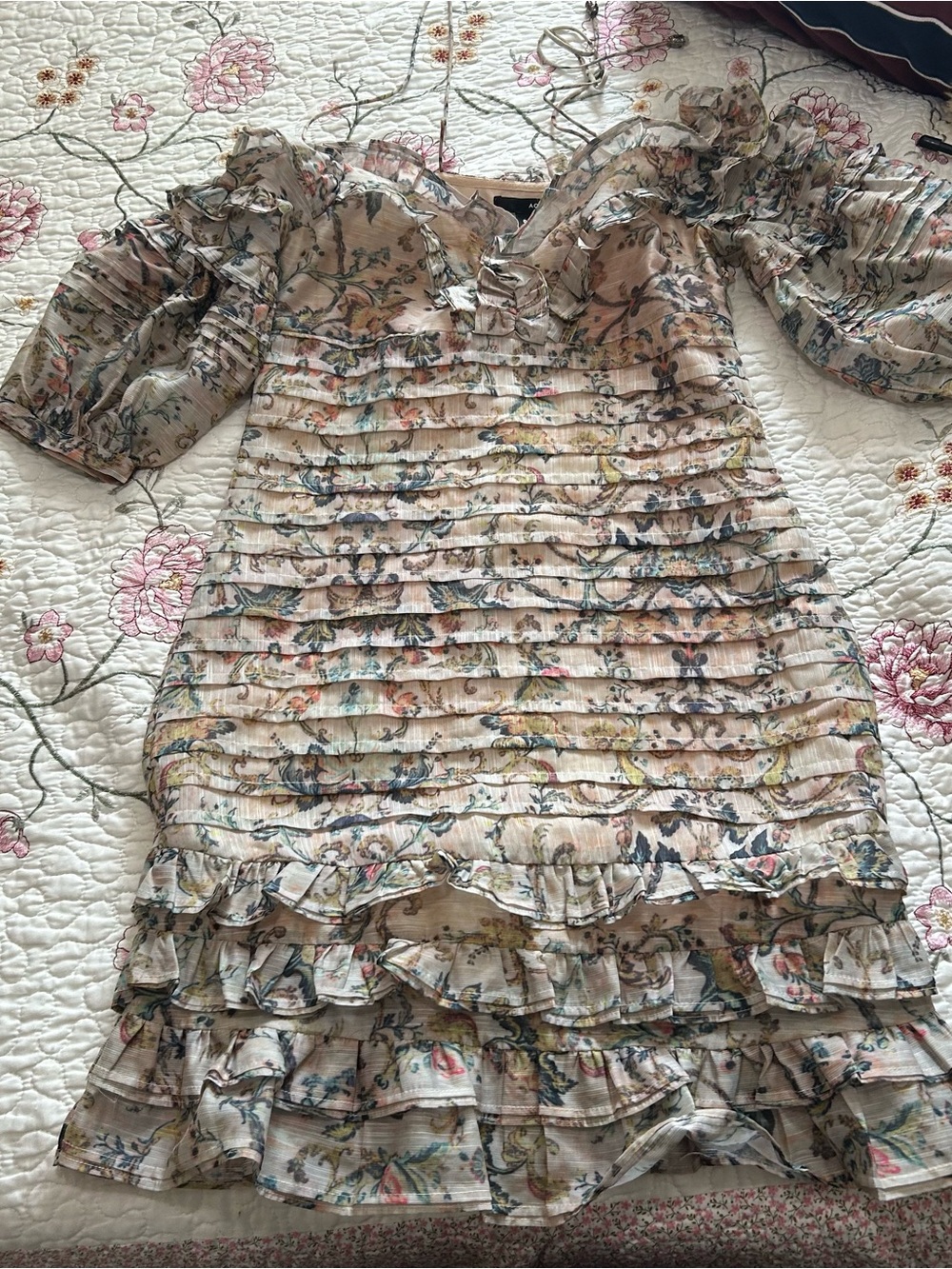 Baroque Floral Ruffle Dress in Cream